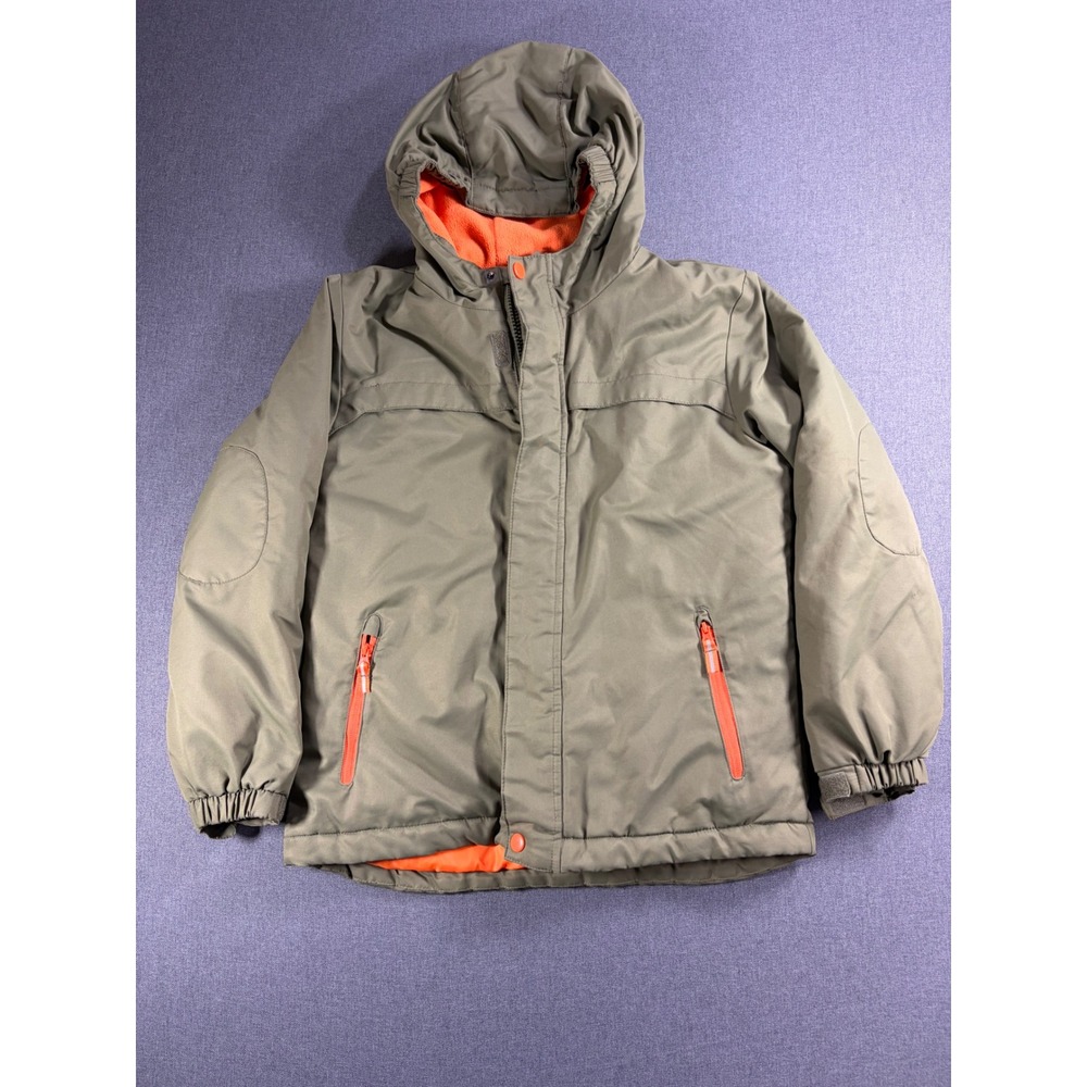 Cat & Jack Boys Olive Green Orange Fleece Lined Hooded Puffer Jacket Size M 8/10